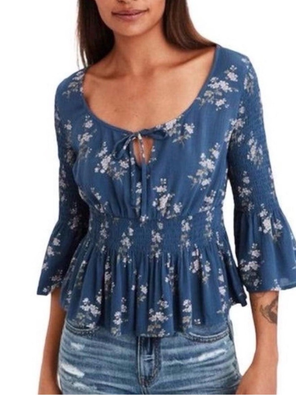 American Eagle Smocked Peplum Top Medium Blue Floral Peasant Top Tie Front Boho